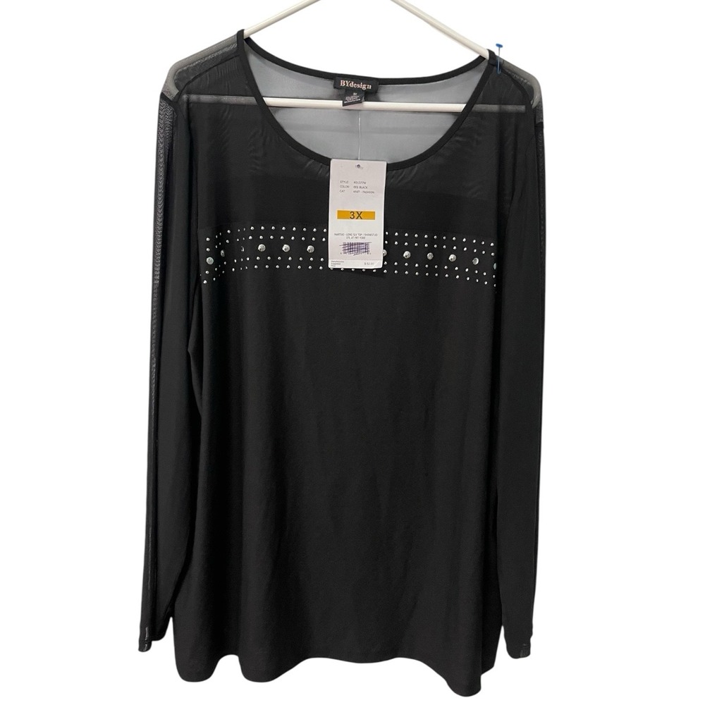 By Design 3X Black Long Sleeve Top Mesh‎ Yoke Rhinestone Studded Glam Night Out